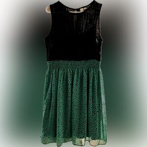 SOHO Apparel dress; size 12; green/black with lace and heart pattern